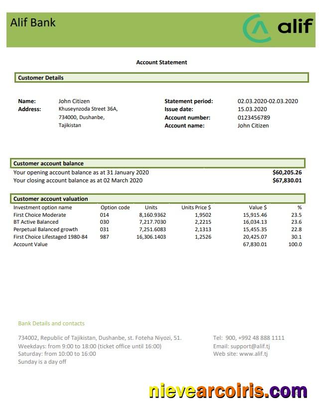 Tajikistan Alif Bank statement